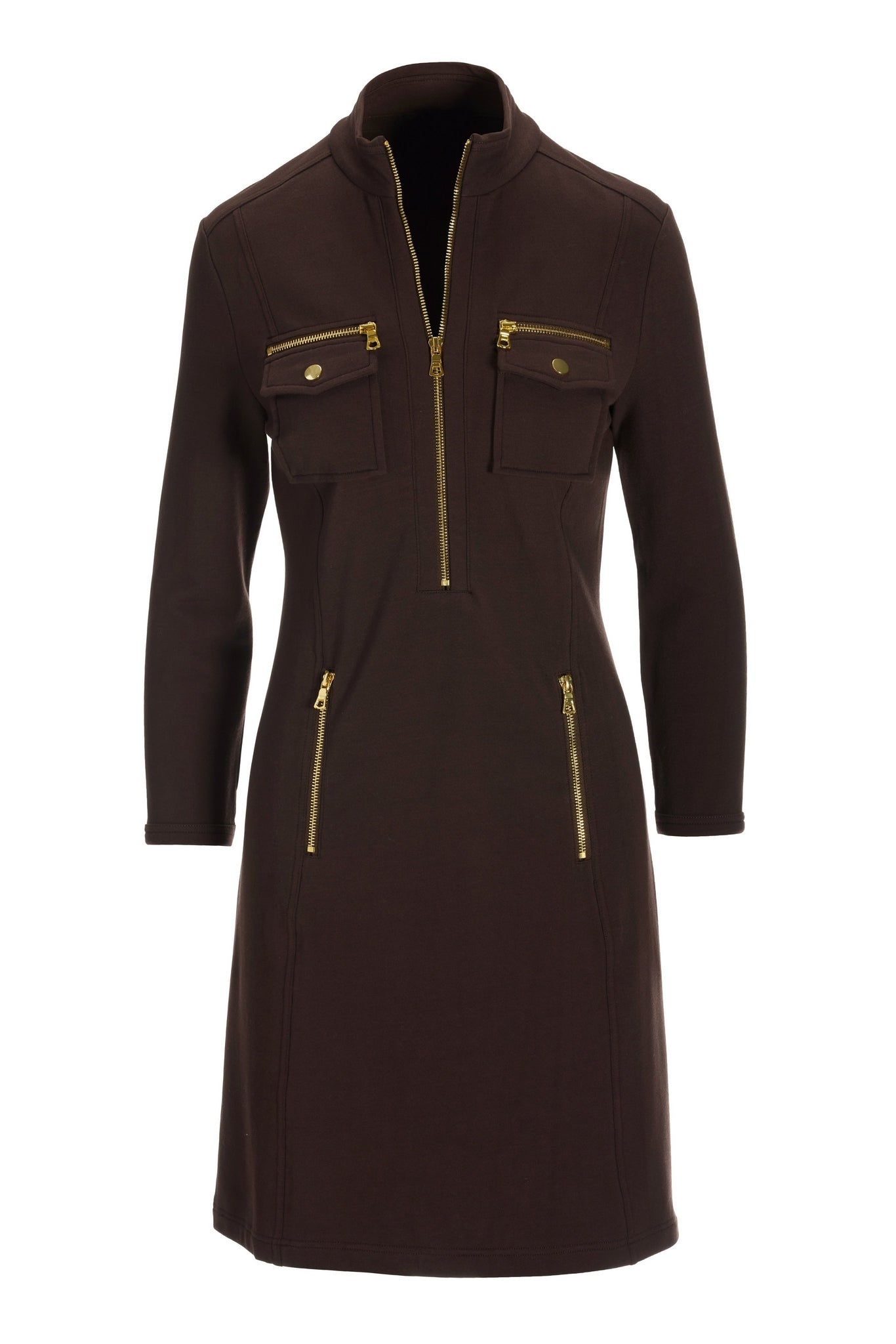 Three Qtr Slv Chic Zip Dress Safari Brown