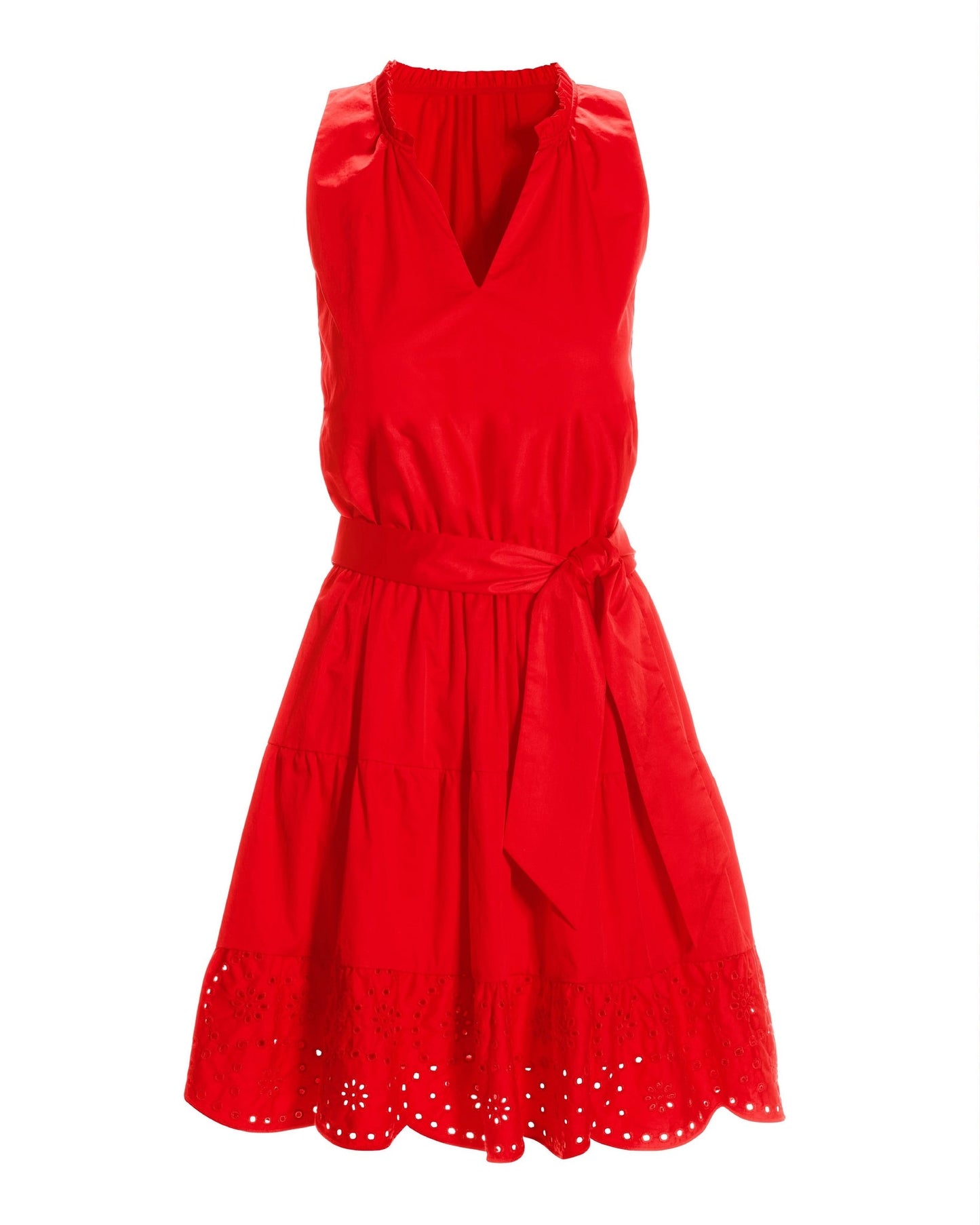Tie Waist Tiered Fit and Flare Poplin Dress Racing Red