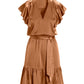Tie Waist Ruffle Detail Charmeuse Dress Cognac