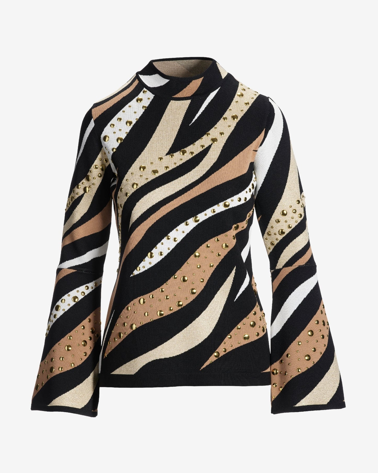 Studded Zebra Jacquard Flare Sleeve Sweater Neutral Zebra