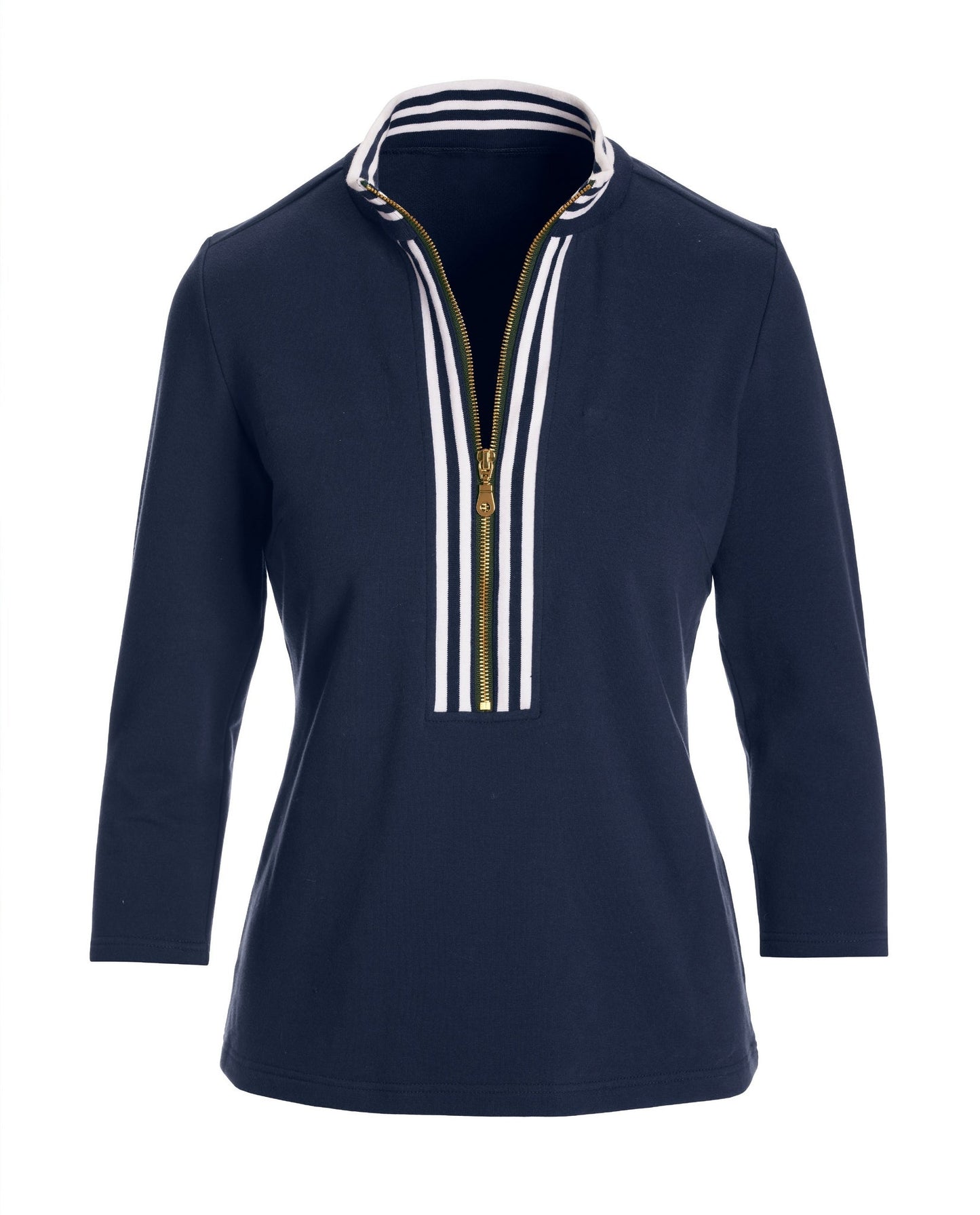 Striped French Terry Hardware Zipper Top Navy/White