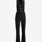 Tuxedo Style Crystal Button Stretch Crepe Jumpsuit Black