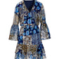 Wild Patchwork Print Flare Sleeve Peasant Dress Blue
