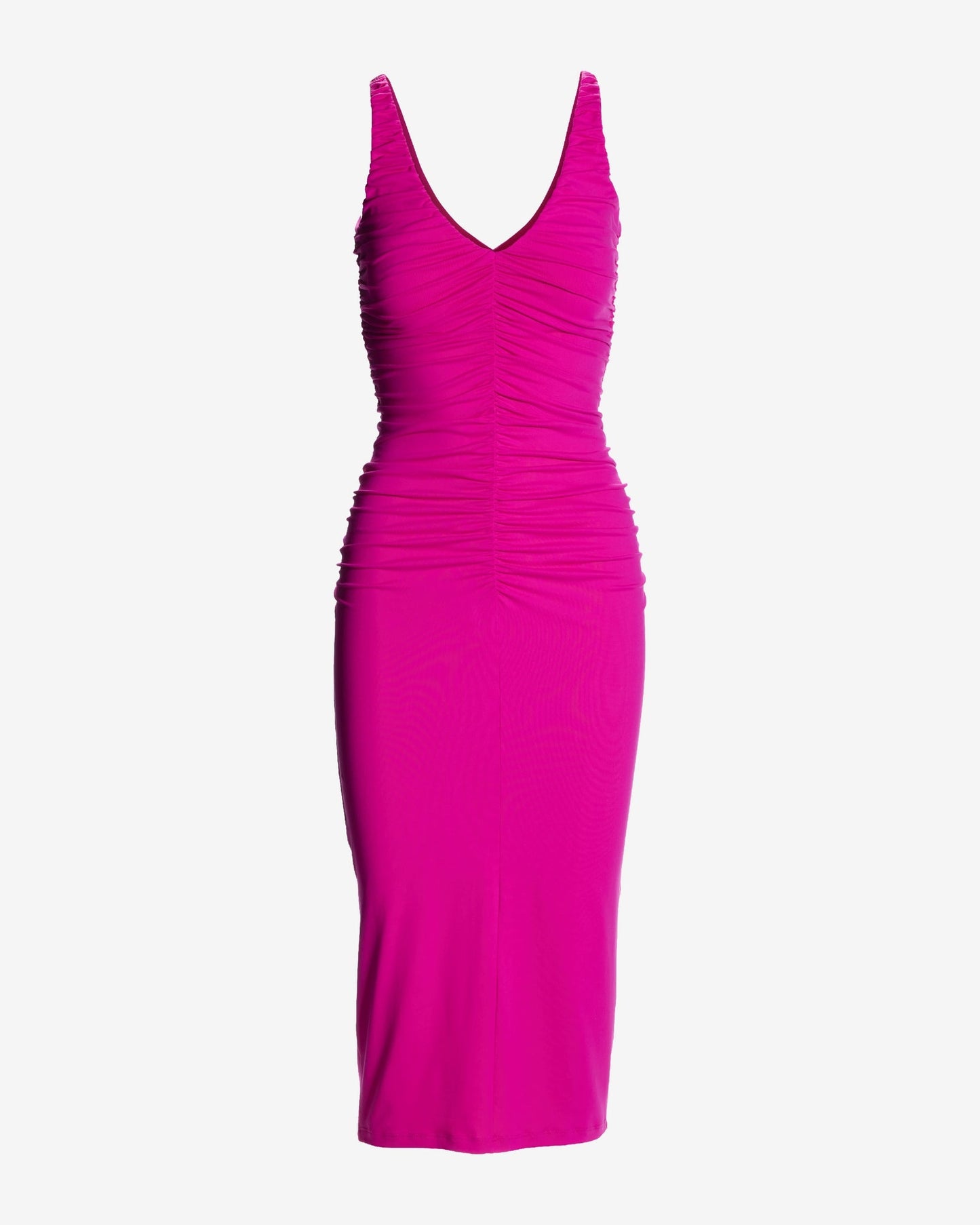 Susana Monaco x Boston Proper V Neck Ruched Fitted Midi Dress Fuchsia