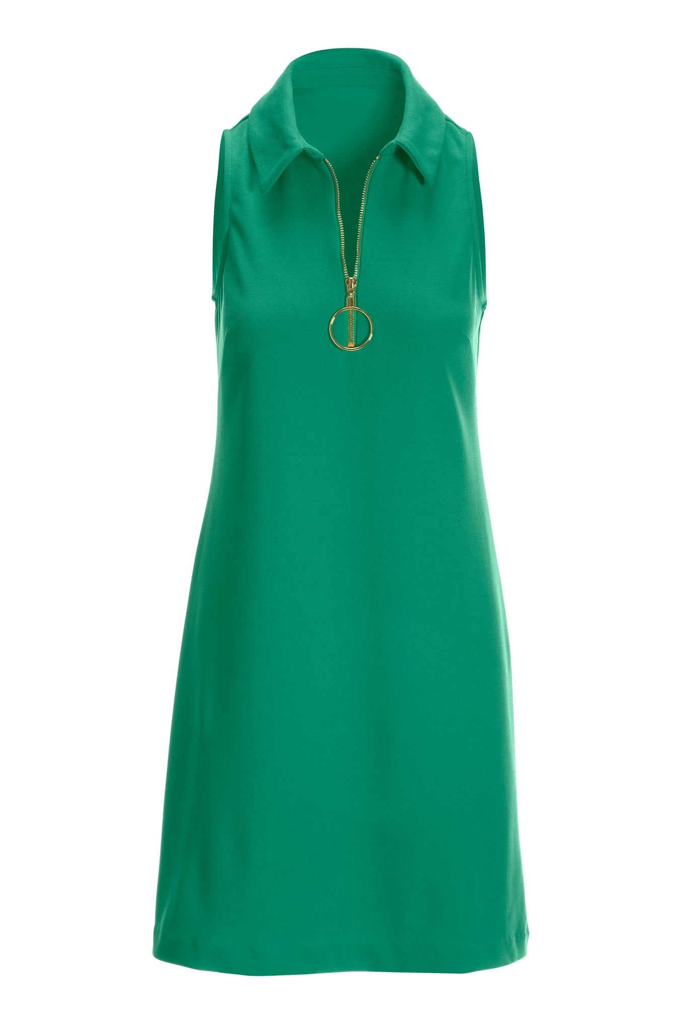 Solid Zippered Front Sleeveless Collared Dress Deep Green