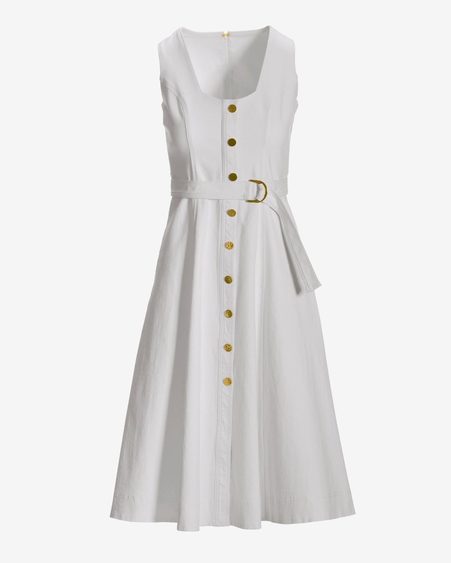 Square Neck Button Up Denim A line Midi Dress White