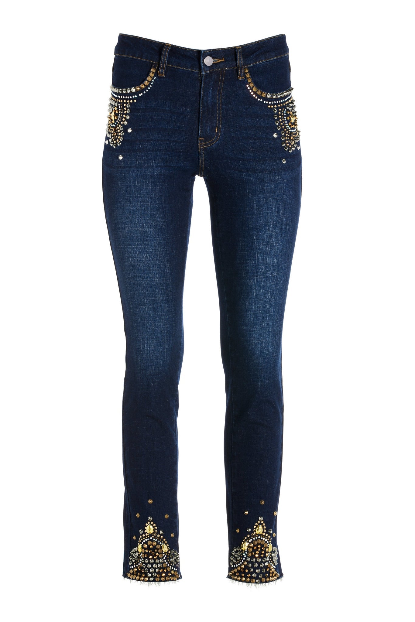 Studded High Rise Five Pocket Jean Dark Wash