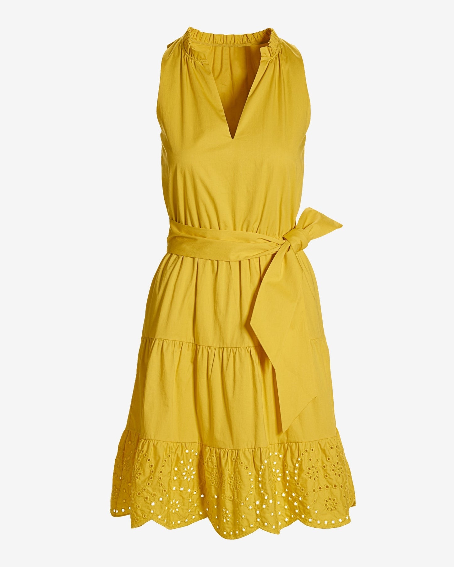 Tie Waist Tiered Fit and Flare Poplin Dress Lemon Drop