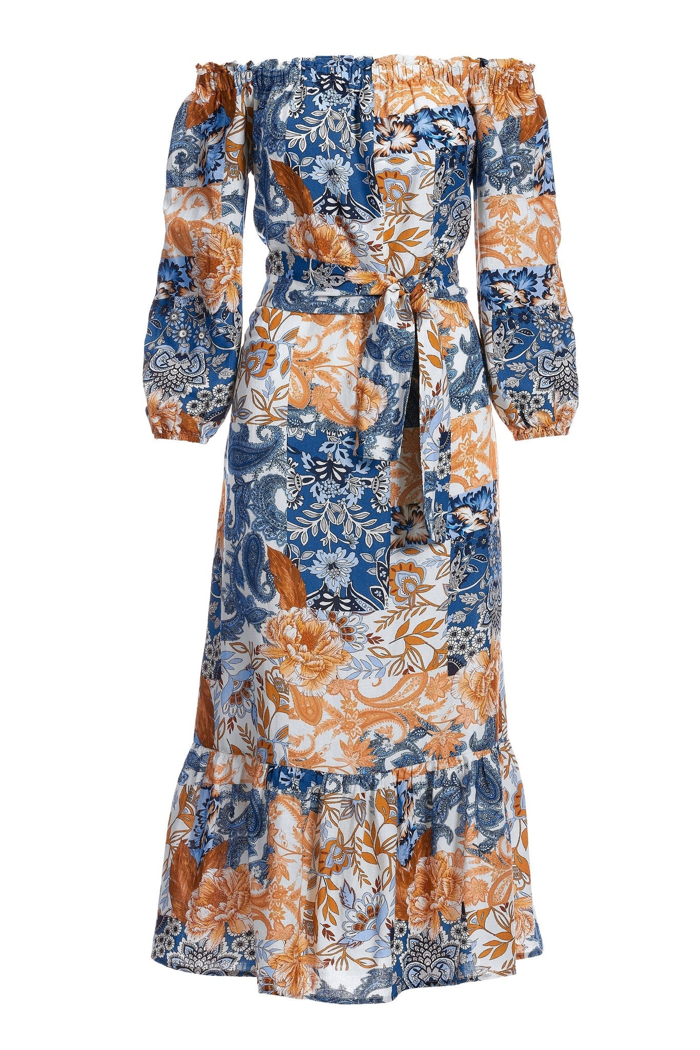 Arizona Patchwork OTS Linen Button Front Midi Dress Multi