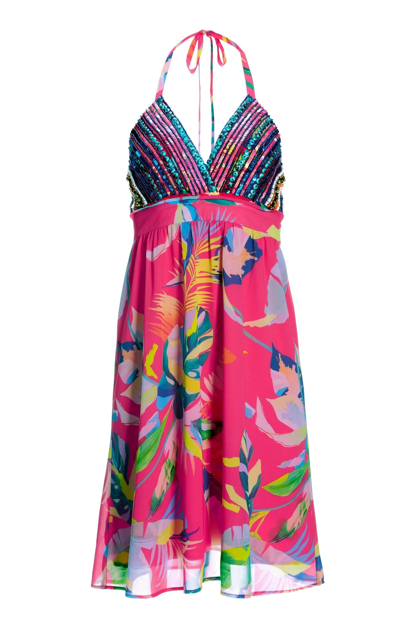 Tropical Forest Halter Embellished Printed Dress Pink