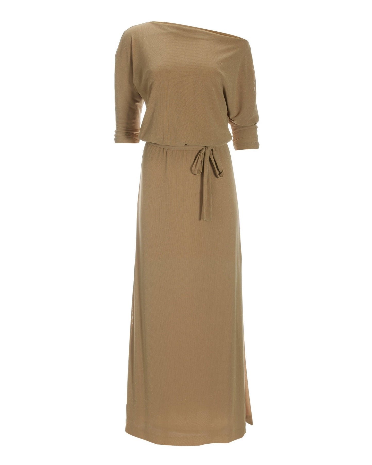Three-Quarter Sleeve Tie-Waist Shimmer Maxi Dress Gold