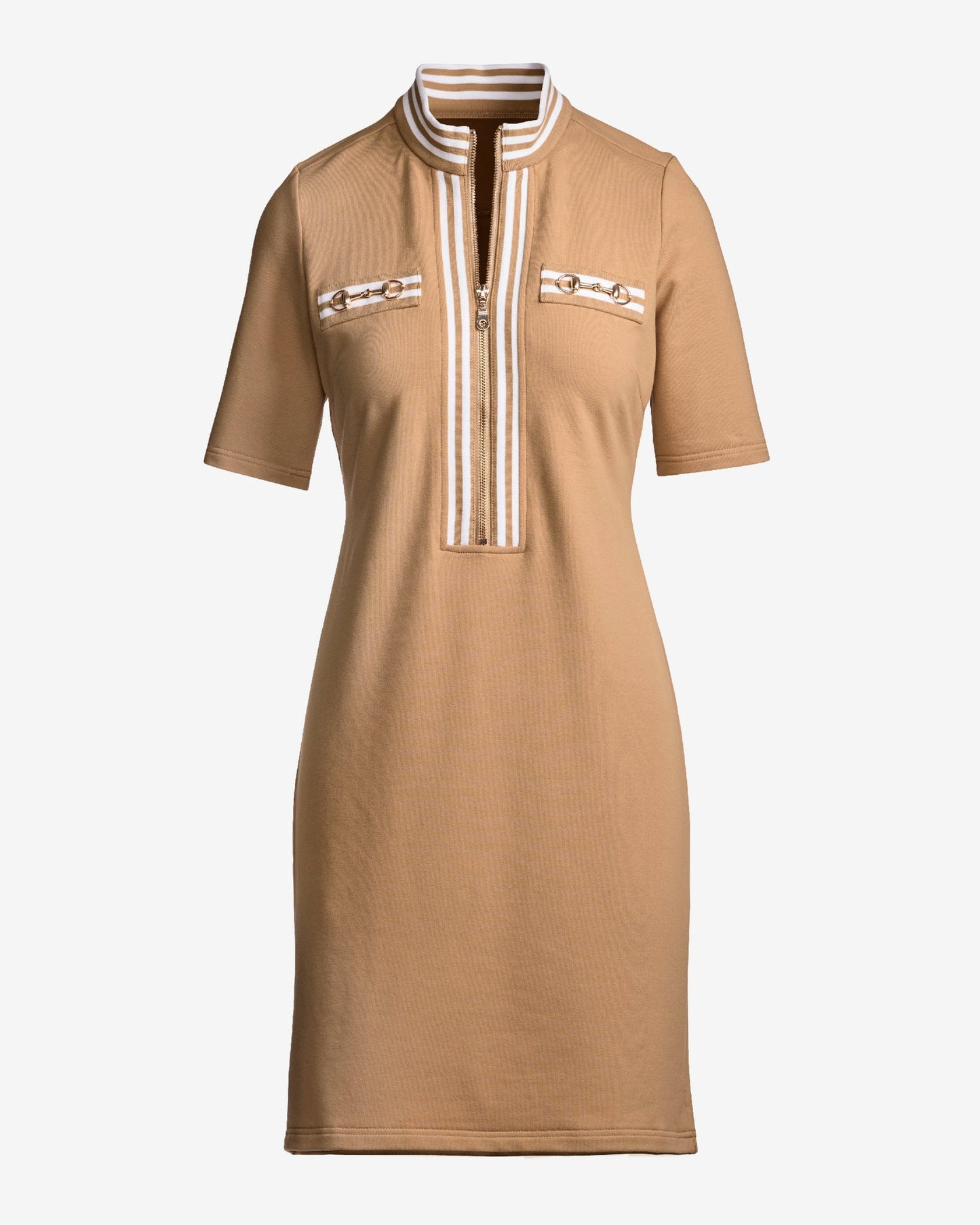 Striped French Terry Hardware Zipper Dress Cashmere Tan