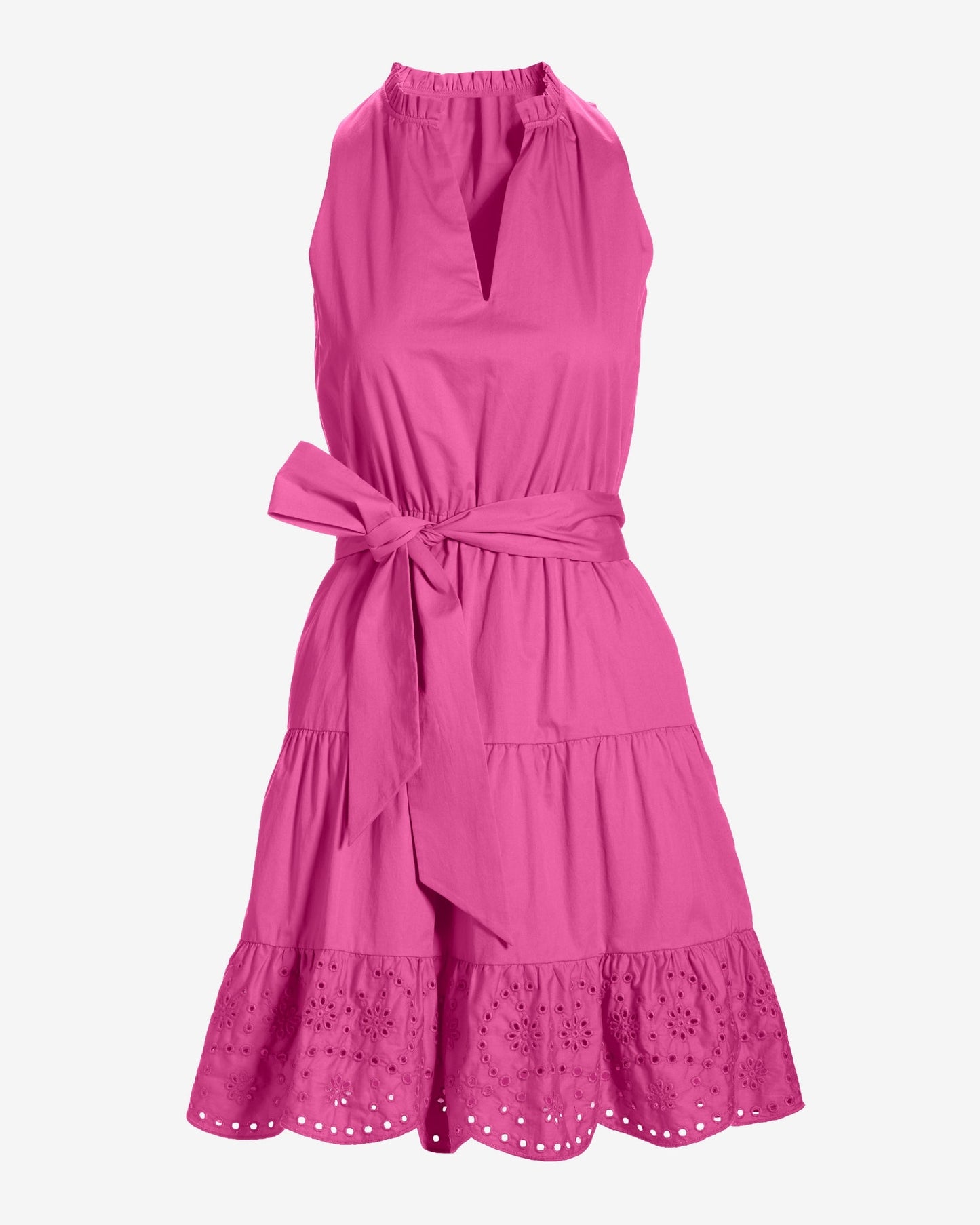 Tie Waist Tiered Fit and Flare Poplin Dress Shocking Pink