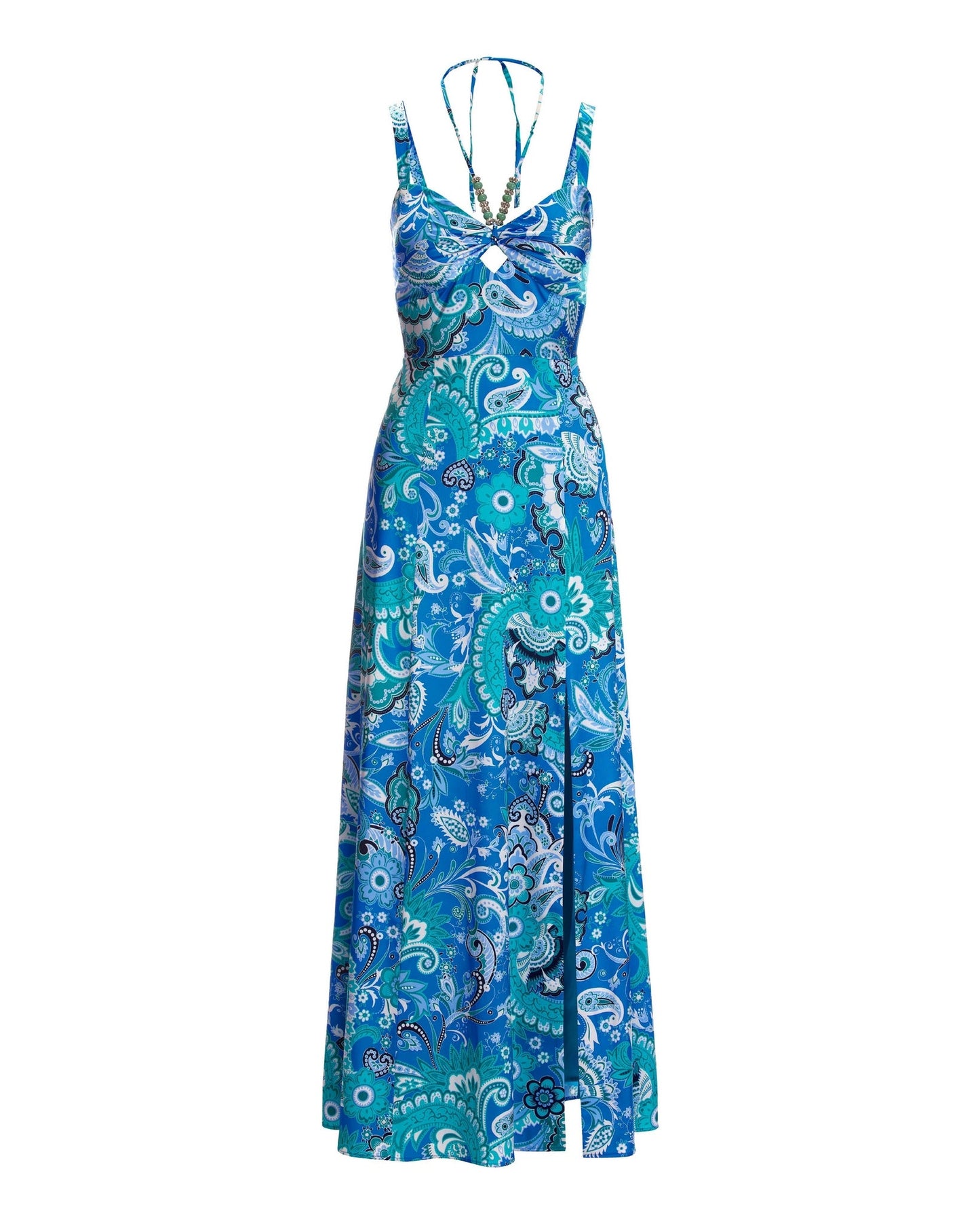 Stamped Floral Blues Print Necklace Detail Charmeuse Maxi Dress Blue