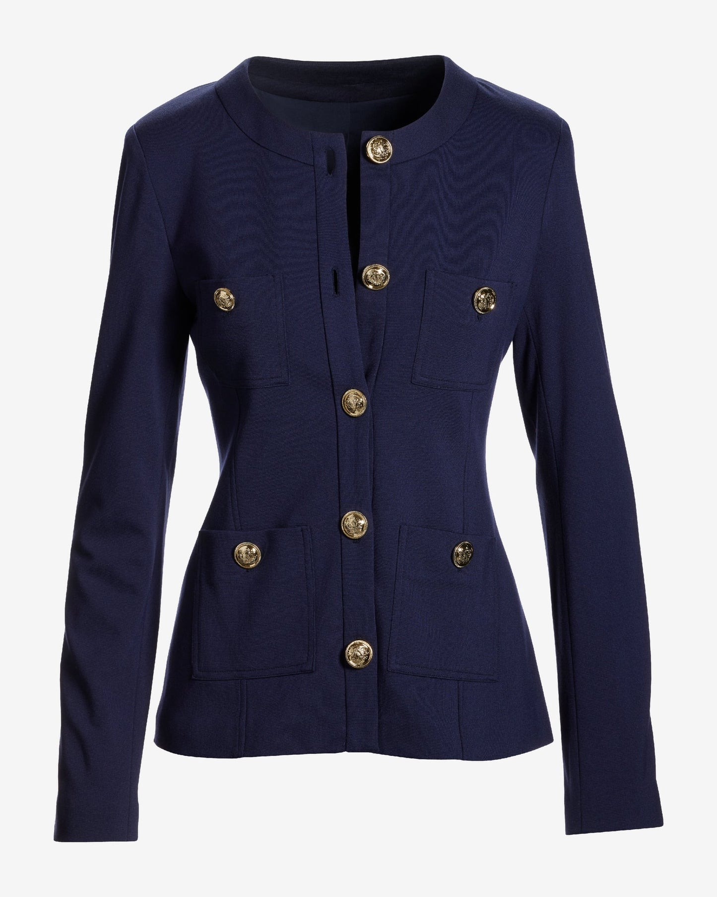 Ultimate Ponte Crest Button Collarless Jacket Navy