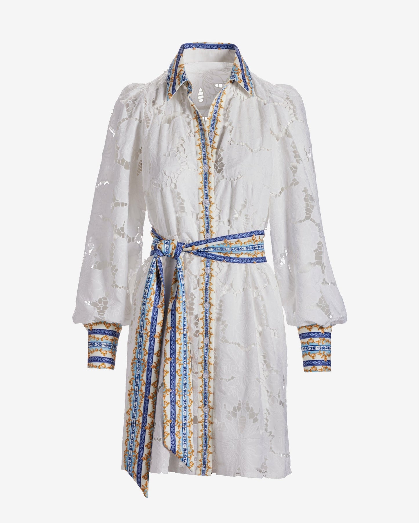 Status Print Collared Lace Shirt Dress Filagree Borders