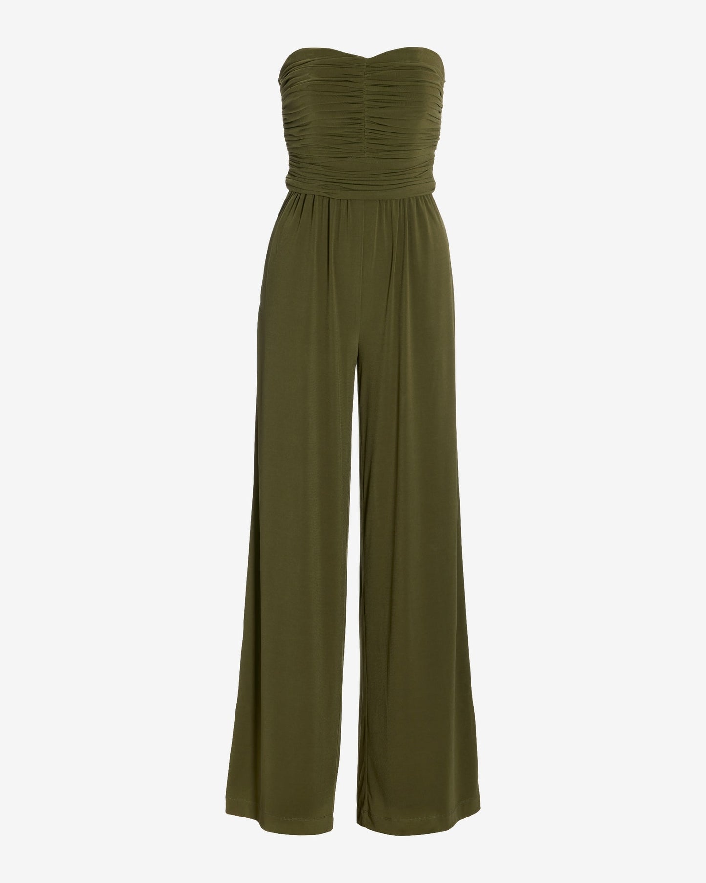 Strapless Ruched Wide Leg Knit Jumpsuit Moss Green