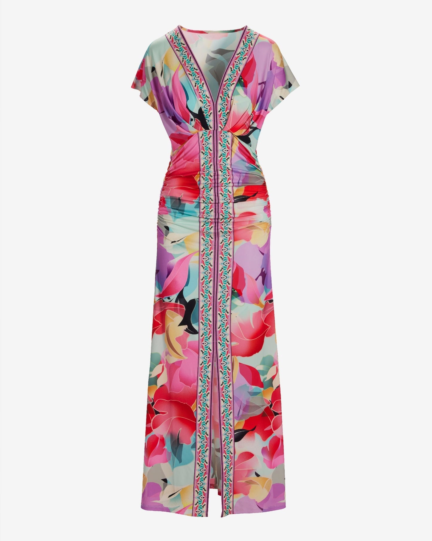 Spring Soiree Border Print Short Sleeve Ruched Ankle Length Dress Spring Soiree