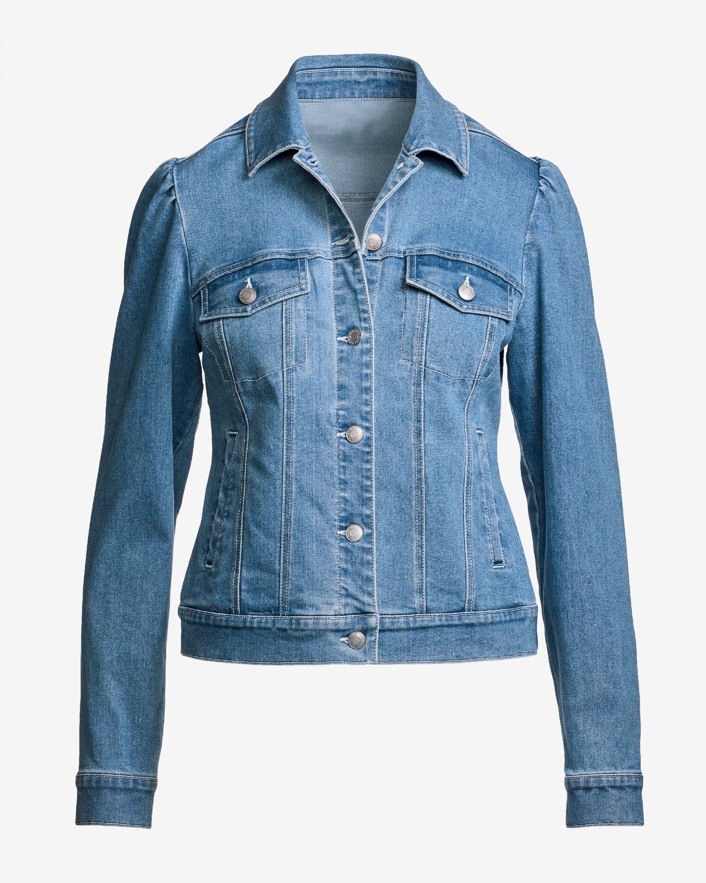 Stretch Denim Puff Sleeve Jacket Light Med Wash