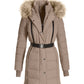 Belted Faux Fur Trim Puffer Jacket Taupe