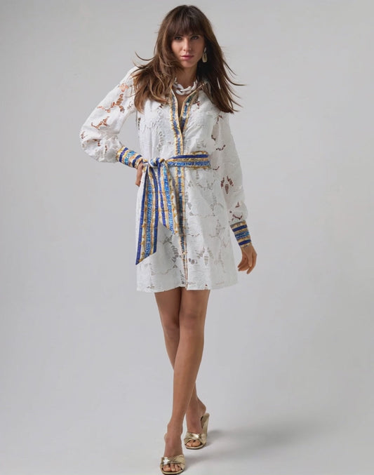 Status Print Collared Lace Shirt Dress Filagree Borders
