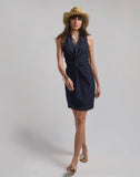 Stretch Denim Knot Waist Collared Shift Dress Rinse
